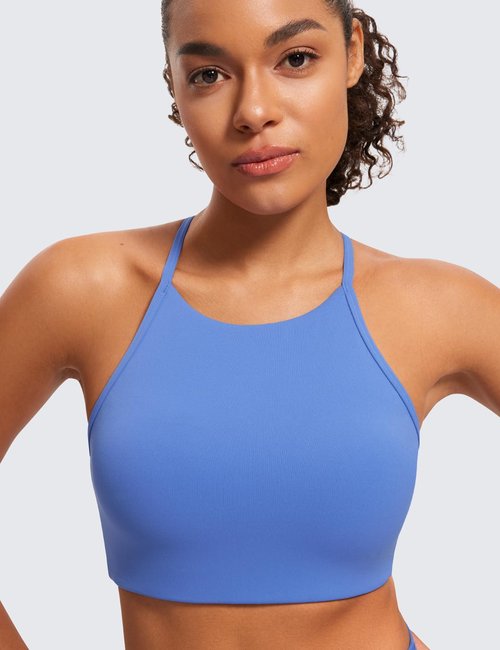 CRZ YOGA Butterluxe Womens High Neck Y Back Sports Bra - Padded Halter Racerback Spaghetti Thin Strap Workout Gym Top Wild Indigo Medium