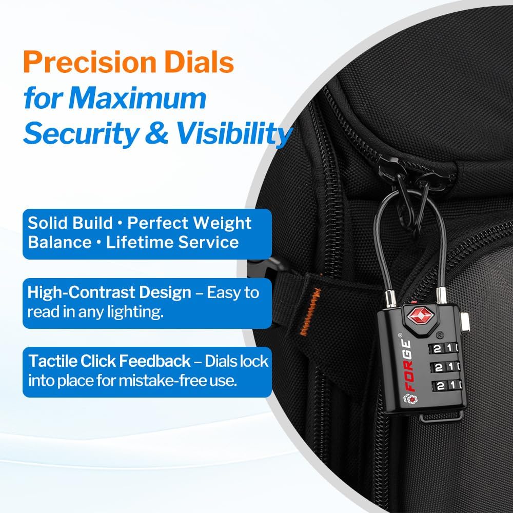 Skiennix TSA Approved Cable Luggage Locks - Re-settable Combination, Durable Alloy Body, Black (2 Pack)