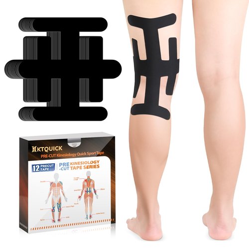 Precut Kinesiology Tape for Knees Valgus–12PCS KTQUICK Pain Relief Athletic Tape, Waterproof & Hypoallergenic Latex-Free, Elastic Breathable Long-Lasting Knee Support Tape for All(Black)