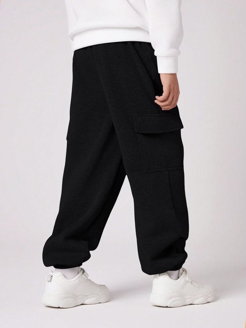 RoseSeek Boy's Wide Leg Cargo Pants Baggy Sweatpants Casual Sports Joggers Big Kids Long Trousers with Pockets Black 12 Years