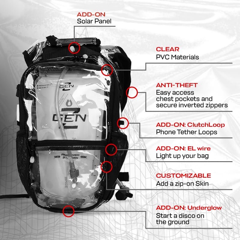 RAVERUNNER® Clear Hydration Pack | Festival Approved Hydration Backpack with 2L Bladder & Quick Disconnect Hose | Transparent Camelbak Water Backpack, Clear Hydration Backpack, ClearCamelbak