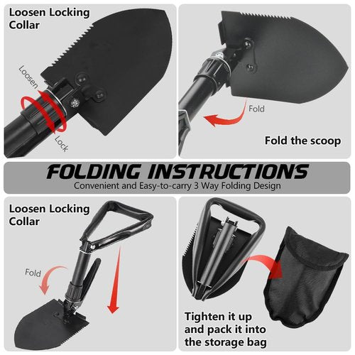 APIDGROWTH Large Folding Shovel, Overall Length 24Inches, Foldable Design with Portable Bag, Made of Durable Materials, Serrated Edge, for Camping, Hiking, Gardening, Fishing & Emergencies (Black)
