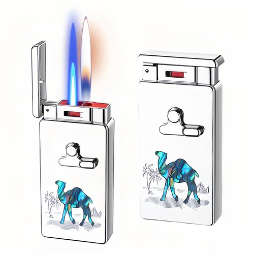 NINSI Smart Butane Torch Lighter, 5 Ignition Methods, Voice Controlled Dual Flame Lighter with Jet Blue Flame and Open Flame Options, Windproof Refillable Lighters (Without Gas) (Camel)