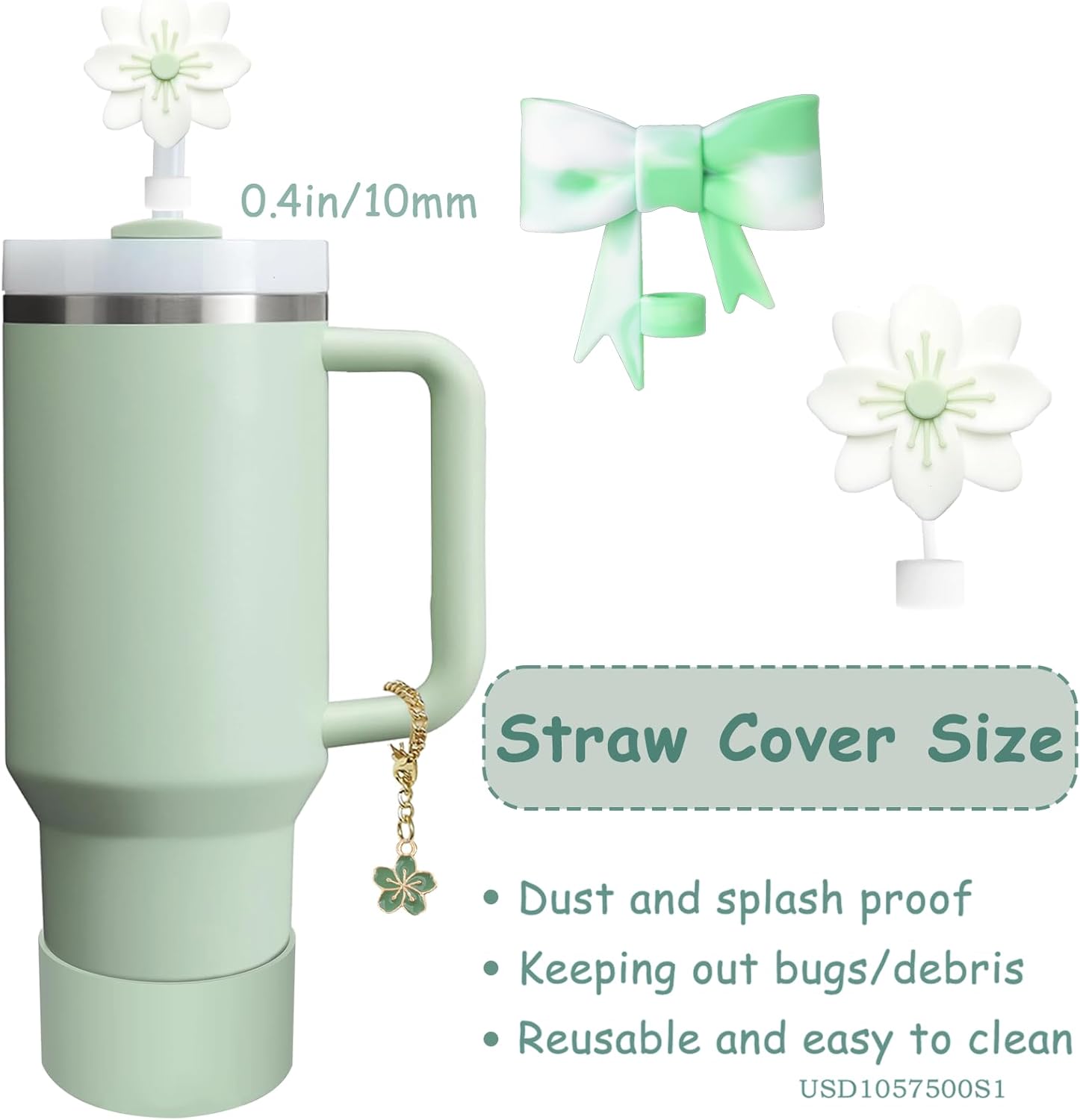 Stanley Cup Accessories Set - 3-Piece Silicone Spill-Proof Stopper & Cute Flowers Handle Charm | Matcha Cream