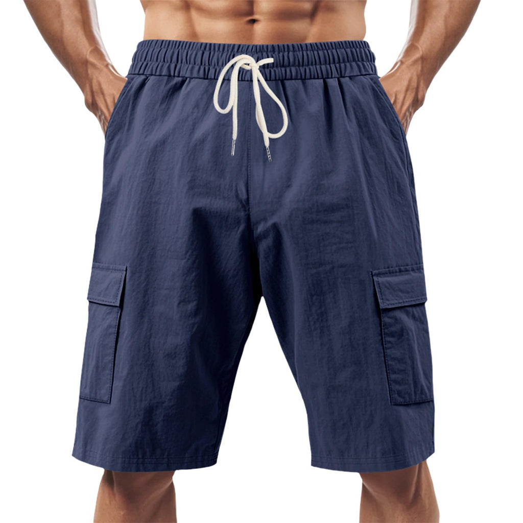 Zhyaj Mens Running Shorts Casual High Waist Athletic Wide Leg Summer Stretchy Drawstring Cargo Shorts with Multi Pockets Navy Blue L
