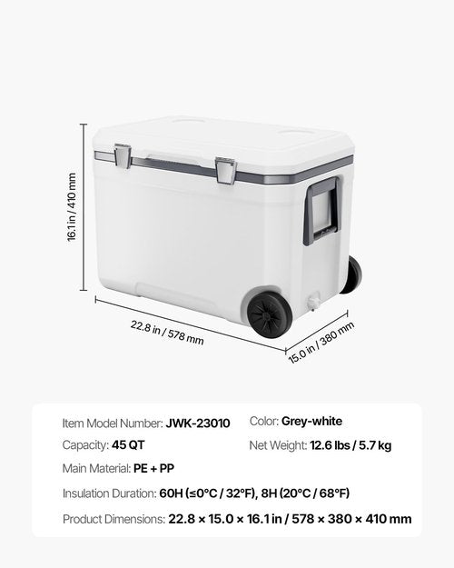 VEVOR Portable Cooler, 45 QT Wheeled Camping Cooler with Ice Retention, Heavy-Duty Handles and Cup Holder, Lightweight Rigid Material Insulated Portable Design, for Family Picnics and Long Trips