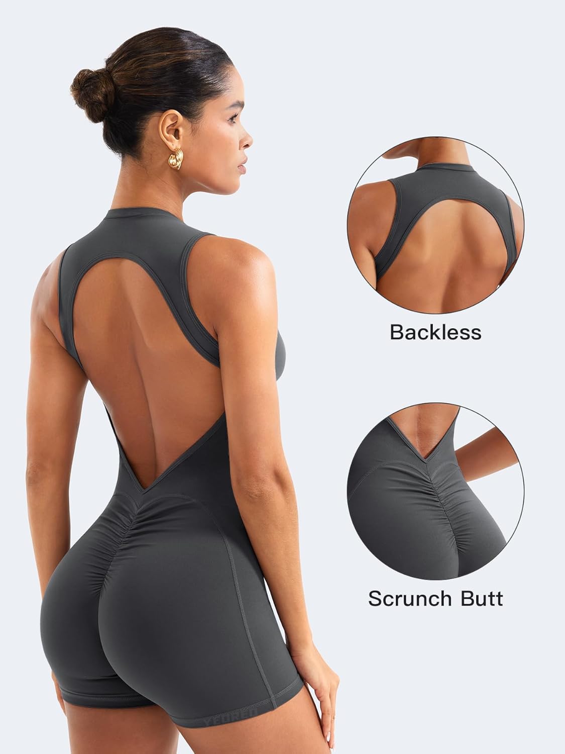 YEOREO Backless Workout Jumpsuit - Sleeveless One-Piece Yoga Romper with Pads | Tessia Scrunch Butt Design