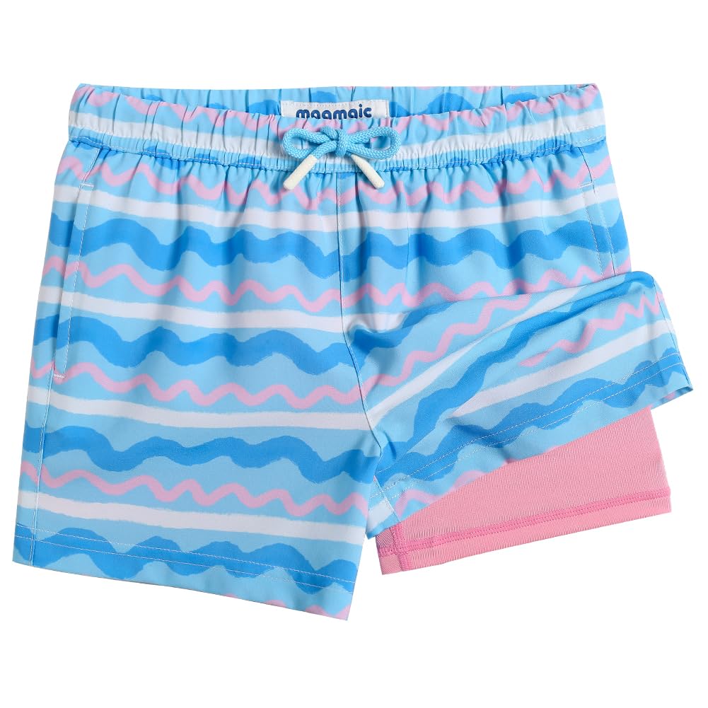 maamgic Boys Swim Trunks with Compression Liner Toddler Boy Swimsuit Quick Dry 4-Way Stretch Swimming Trunks Colorful Wave Line 4T