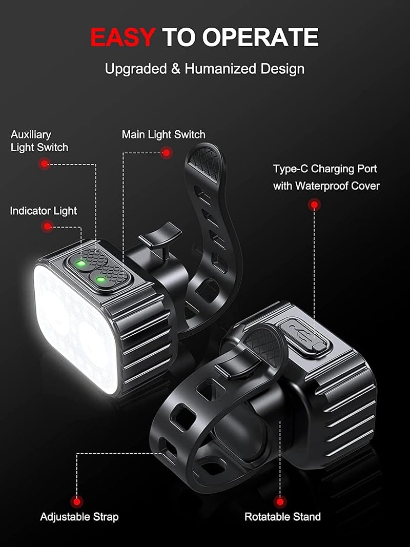 Bike Lights Set 2 LED Front & Rear, Rechargeable, IPX6 Waterproof, Multiple Modes - 2 Led*2