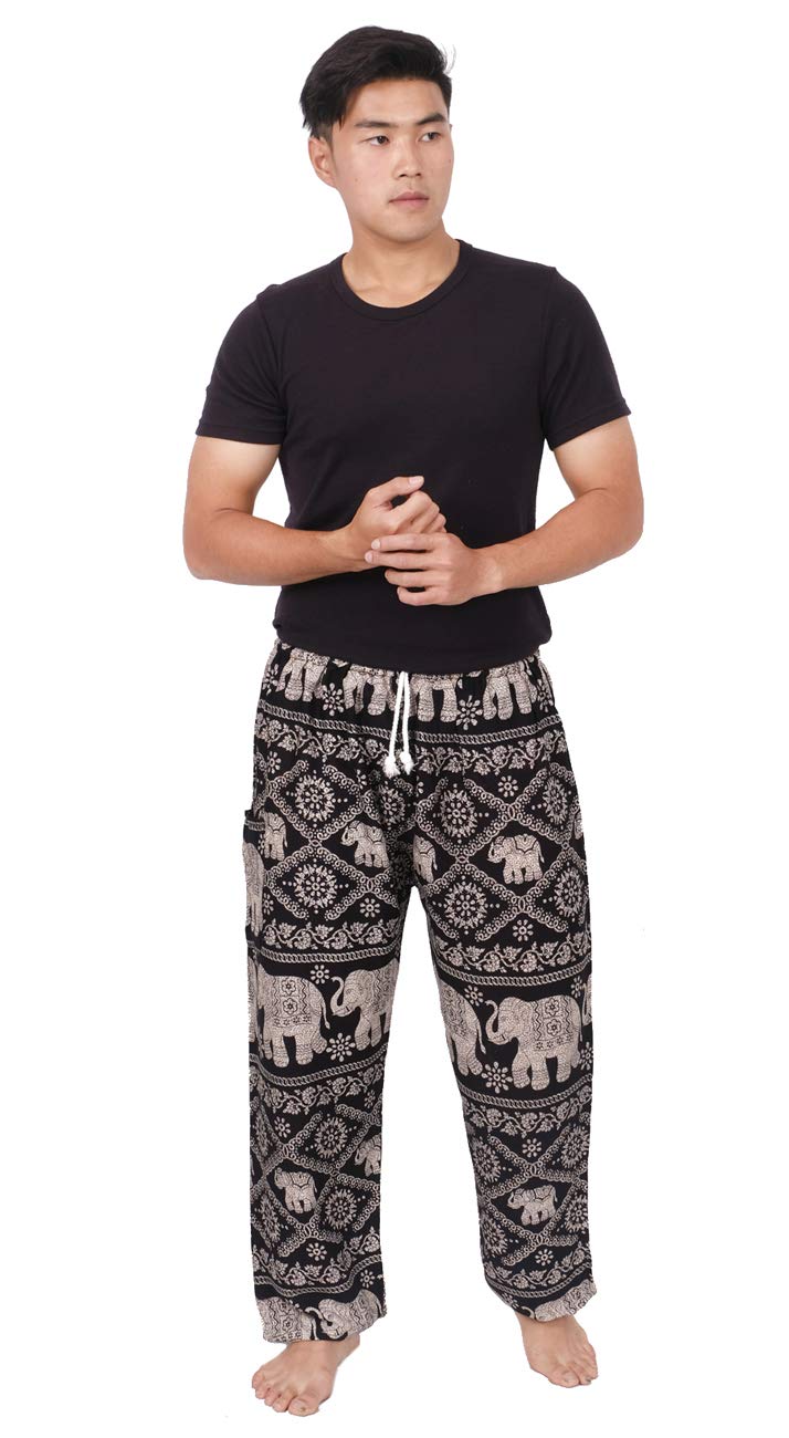 Elephant Black Drawstring Waist 4-12 Boho Parachute Lounge Pants - Loose Baggy Yoga Harem