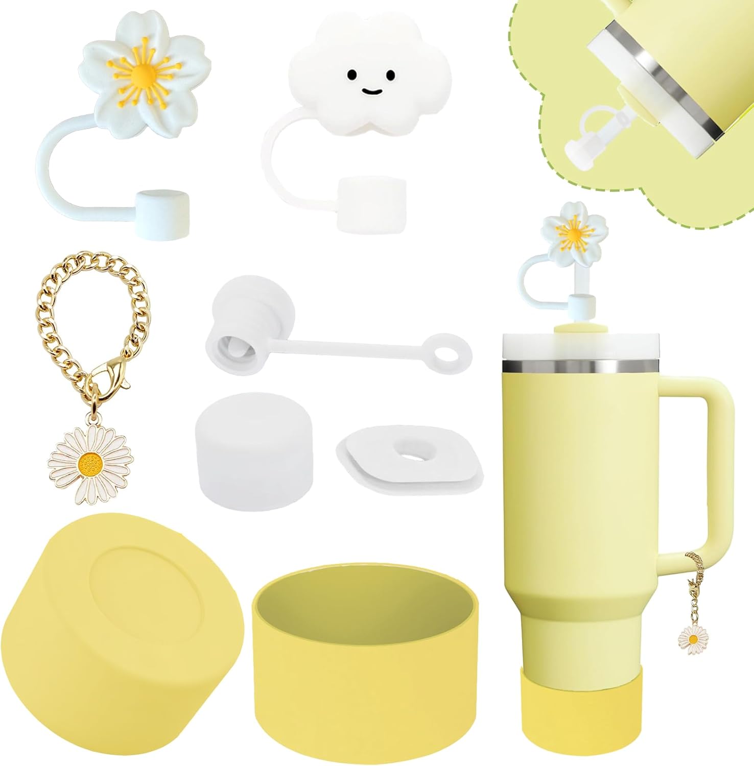 Stanley Cup Accessories Set - 2 Straw Covers, Spill-Proof Stopper & Handle Charm | Lemon Yellow