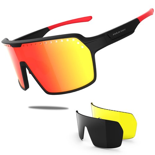 HAAYOT Polarized Cycling Glasses,Sports Sunglasses for Men Women,Baseball Running Fishing Biking Sunglasses with 3 Lenses Black Orange