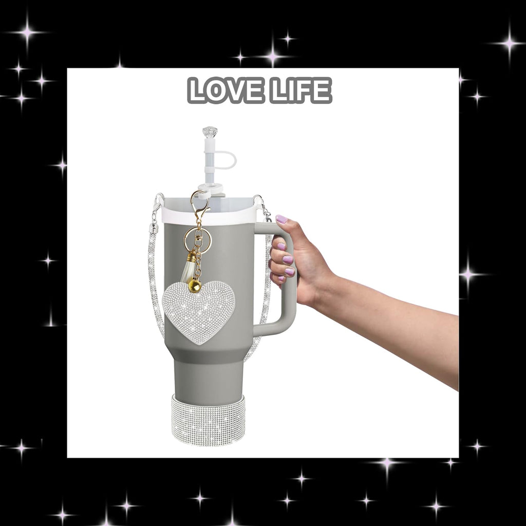 VirgoCCY 5PCS Stanley Cup Accessories Set 30&40 Oz, Includes 1 Diamond Silicone Boot, 1 Glitter Handle Strap, 1 Straw Covers,1 Straw Adapters Charm Blank with 1 Glitter Charms, Silver