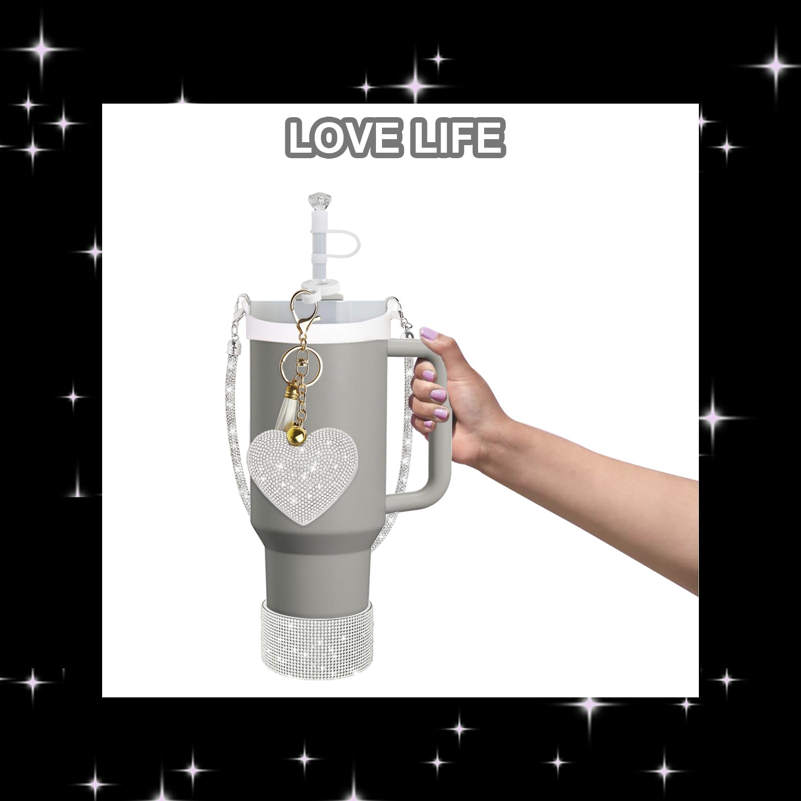 VirgoCCY 5PCS Stanley Cup Accessories Set 30&40 Oz, Includes 1 Diamond Silicone Boot, 1 Glitter Handle Strap, 1 Straw Covers,1 Straw Adapters Charm Blank with 1 Glitter Charms, Silver