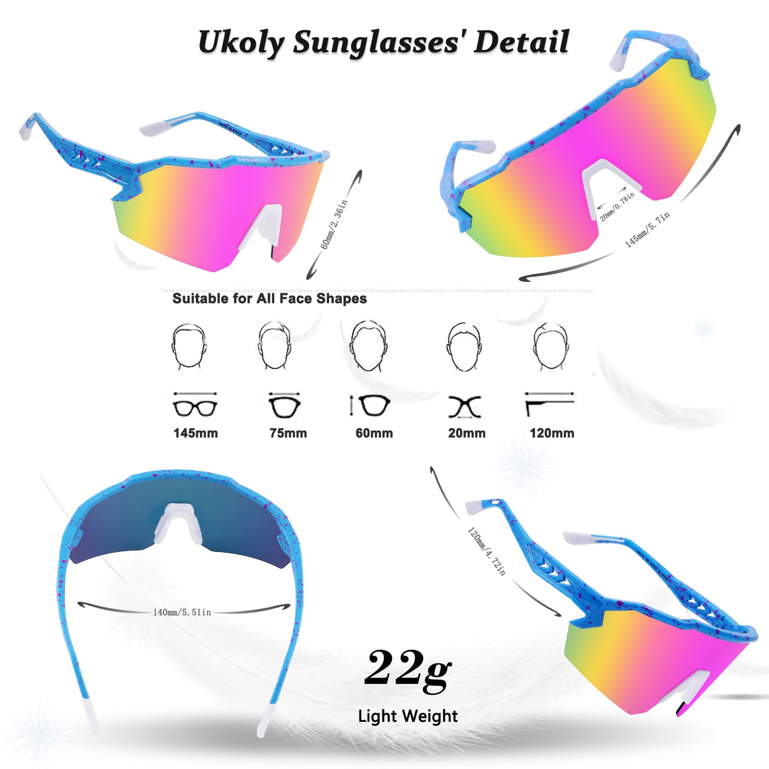 Ukoly Baseball Sunglasses For Men Women,Sports Sunglasses For Baseball Running Cycling UV400 protection TR90 Frame 615 (Pink Blue)