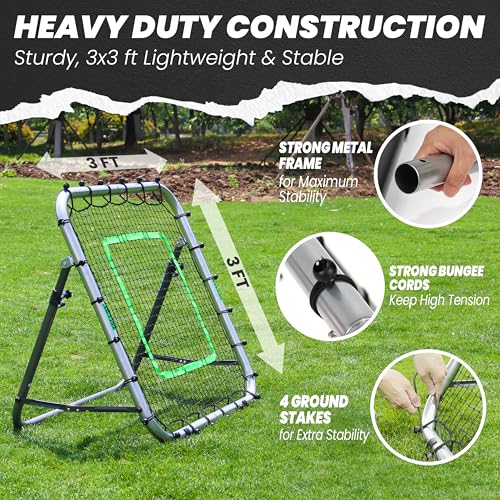 Portable Baseball & Softball Rebounder Net 3x3 ft Pitchback Trainer with Adjustable Angles