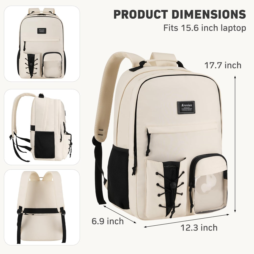 Skiennix School Backpack - Stylish 15.6 Inch Laptop Bag for Women & Teen Girls | Beige Color