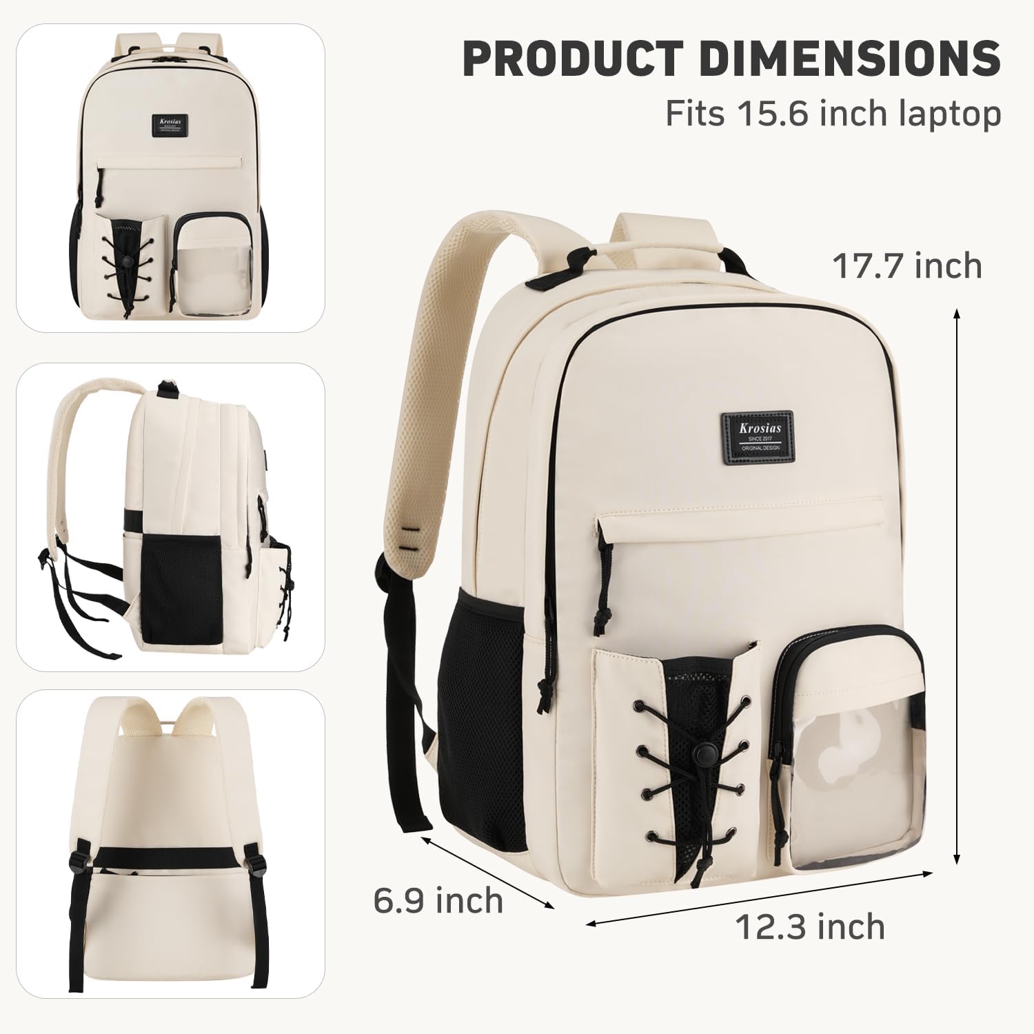 Skiennix School Backpack - Stylish 15.6 Inch Laptop Bag for Women & Teen Girls | Beige Color