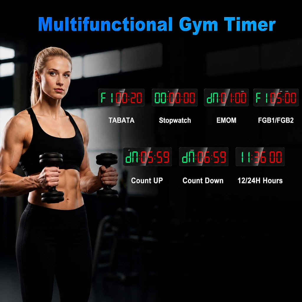 Gym Clock Timer for Tabata, FGB & EMOM, Large LED Workout Clock with Remote Control, 10 Custom Interval Modes, 120dB Buzzer, Fitness Digital Timer for Home Gym, HIIT, CrossFit, Boxing, Yoga, Garage