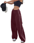 LAOARA Women Y2K Baggy Track Pants Elastic Waist Wide Leg Parachute Pants Jogger Sweatpants Wine Red