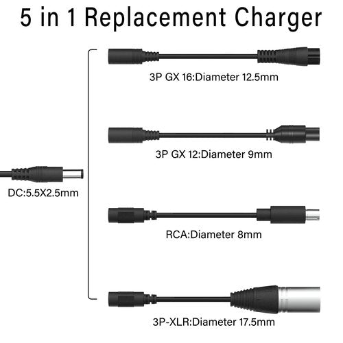 42V 2A Scoter Charger 5 Plugs for 36V Lithium Battery Pack DC 5.5 * 2.1 with 8mm 3 Prong/12mm 3 Prong Connector/8mm RCA/ 3-Pin Male XLR Connector,Universal 5 in 1 Charger Power Adapter