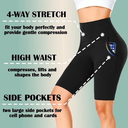 FULLSOFT Biker Shorts for Women - High Waisted Tummy Control with Pockets | 4 Pack, 8" Length