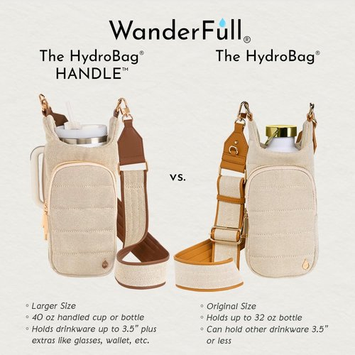 WanderFull Original HydroBag HANDLE®, Zipper for Handle, 40 oz Water Bottle Holder w/Strap, Crossbody Carrier Bag w/Phone Pocket, Tumbler Accessories - Oatmeal Canvas w/Vegan Leather Trim Strap