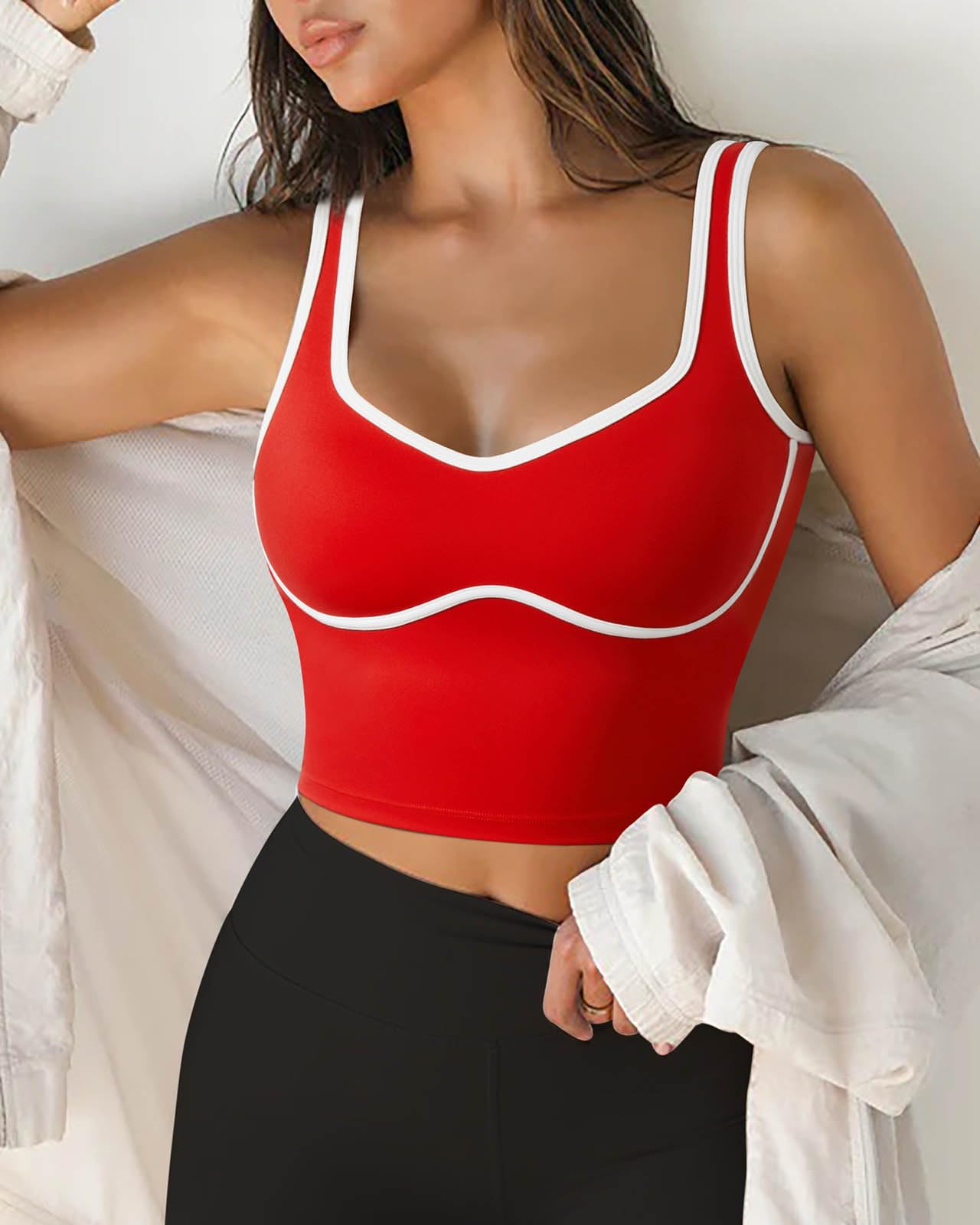 SUUKSESS Women Sweetheart Neckline Longline Sports Bra Padded Basic Workout Crop Tank Top (Red, M)