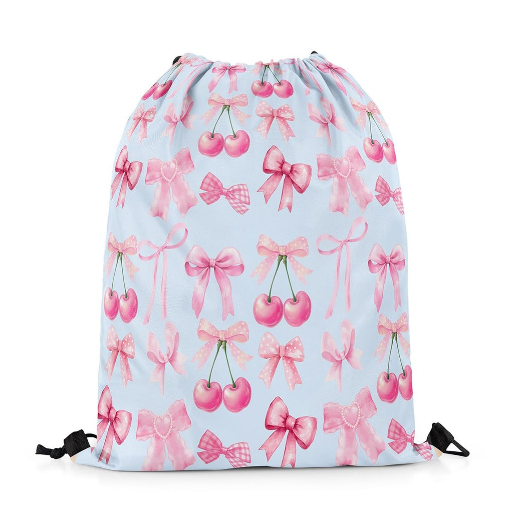 jejeloiu Blue Bow Drawstring Backpack 13x15.7inch,Cute Bowknot Waterproof Gym Drawstring Bags Kawaii cherry Fruit Sports