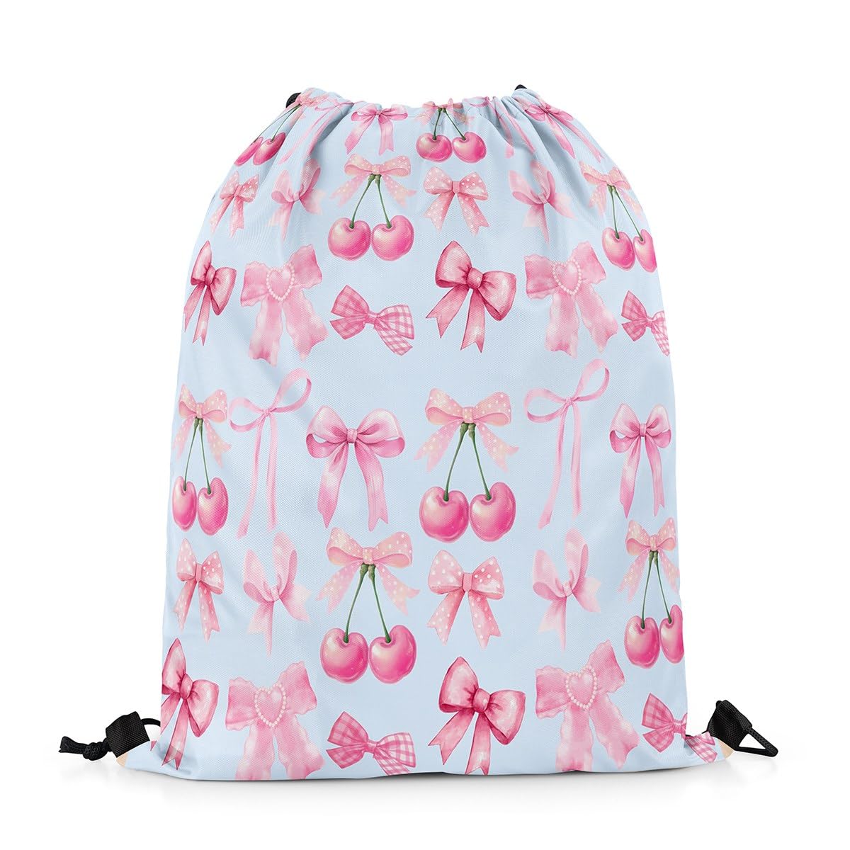 jejeloiu Blue Bow Drawstring Backpack 13x15.7inch,Cute Bowknot Waterproof Gym Drawstring Bags Kawaii cherry Fruit Sports