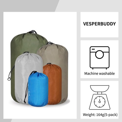 VESPERBUDDY Small Drawstring Bags Stuff Sack Set 5-Pack,Colorful 3L/5L/9L/15L/20L Ultralight Ditty Bags with Dirty Flap for Camping,Hiking,Travelling or Laundry (Blue&Golden&Grey&Yellow&Green)