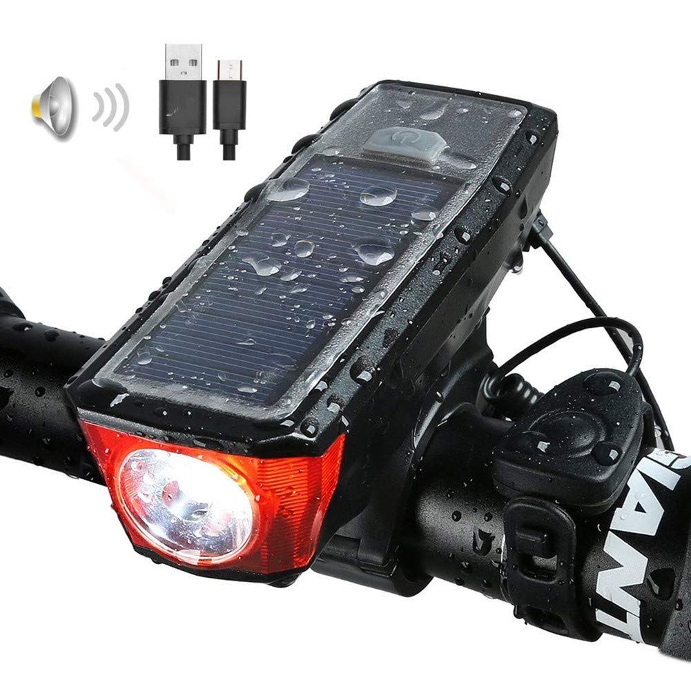 Ultra Bright Solar-Powered and USB Rechargeable Mountain Bike Front Lights 5 Modes 120db Bicycle Electric Bell Horn 350 Lumens 4 Mode Waterproof Bicycle Headlight, Road Cycling Safety Charging Lights