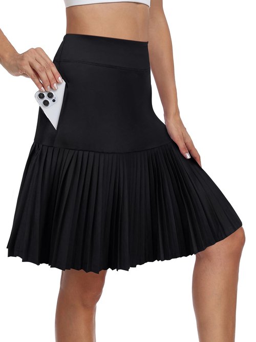 KORALHY 21" Golf Skorts with Pockets Pleated Tennis Skirts with Shorts Knee Length Skort for Athletic, Workout, Casual Wear Black M