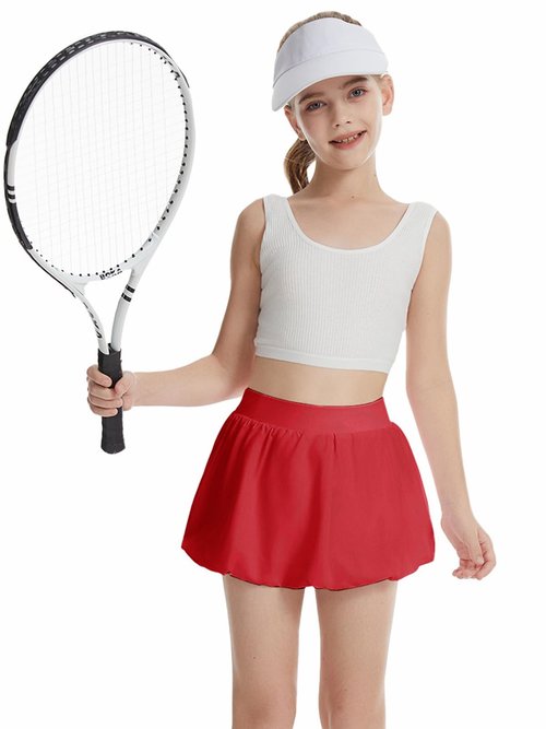 CharmWM Girls Bubble Tennis Skirts with Inner Shorts Pockets Ruffle Athletic Running Skort 3-14 Years Red