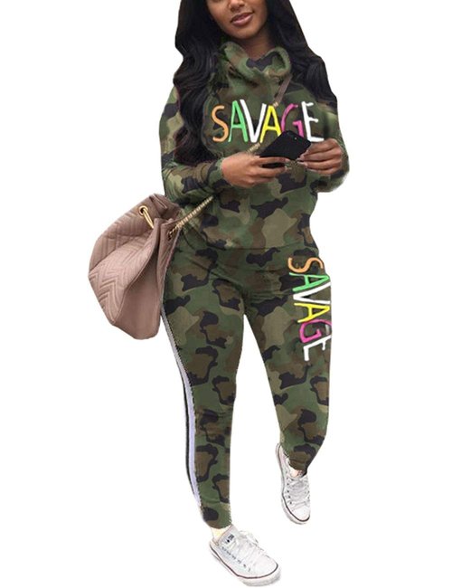 Womens Casual 2 Piece Outfit, Camouflage Letter Print Long Sleeve Pullover Sweatshirt Pants Tracksuits Set Camo Green M