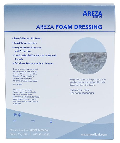 Areza Medical - Foam Wound Dressing - Polyurethane - Sterile - 5" x 4" (12.5 cm x 10 cm) - 10 PCS