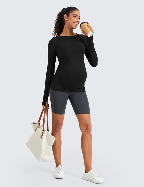 MathCat Seamless Maternity Shirts - Long Sleeve Athletic Tops for Pregnancy | Casual Yoga Tee
