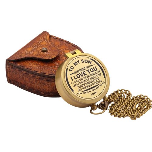 to My Son Compass, Engraved Gift from Dad or Mom, Father-Son & Mother-Son Bonding Keepsake, Gift Compass, Brass Compass with Leather Case–Inspirational Quote for Birthday, Graduation, or Christmas