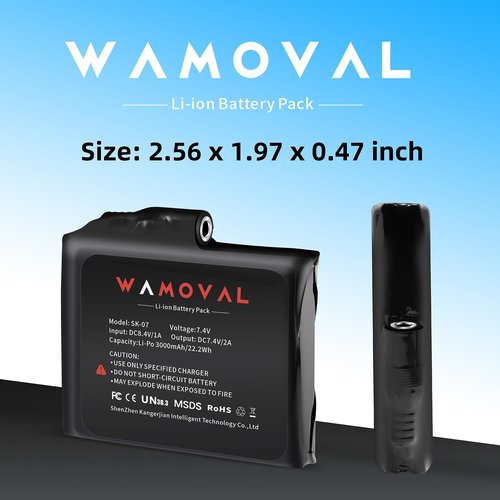 WAMOVAL (2-Pack) 7.4V 3000mAh Li-Polymer Rechargeable Battery Pack, 22.2Wh 2A Replacement Batteries with 3.5mm DC Jack Charging Cable for Heated Gloves, Heated Scoks Battery