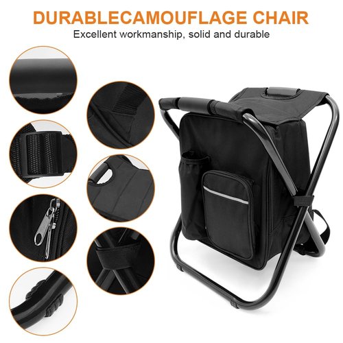 YESIACE Portable Folding Camping Stool, Backpack with Cooler Bag, Hiking Seat, Outdoor Fishing Hunting Gifts, Black