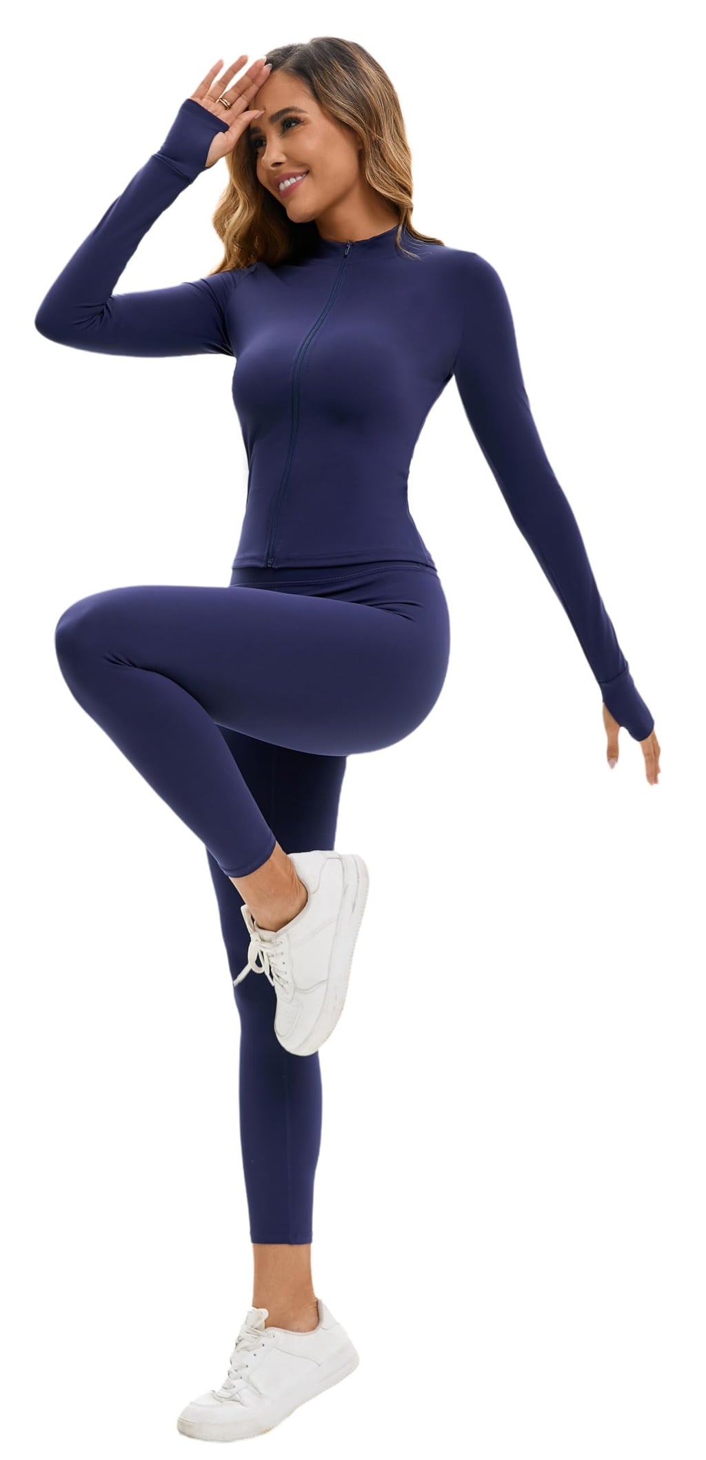 Womens 2 Piece Workout Set Gym Leggings Zip Up Jacket Matching Set Tummy Control Pants Athletic Outfit M Navy Blue