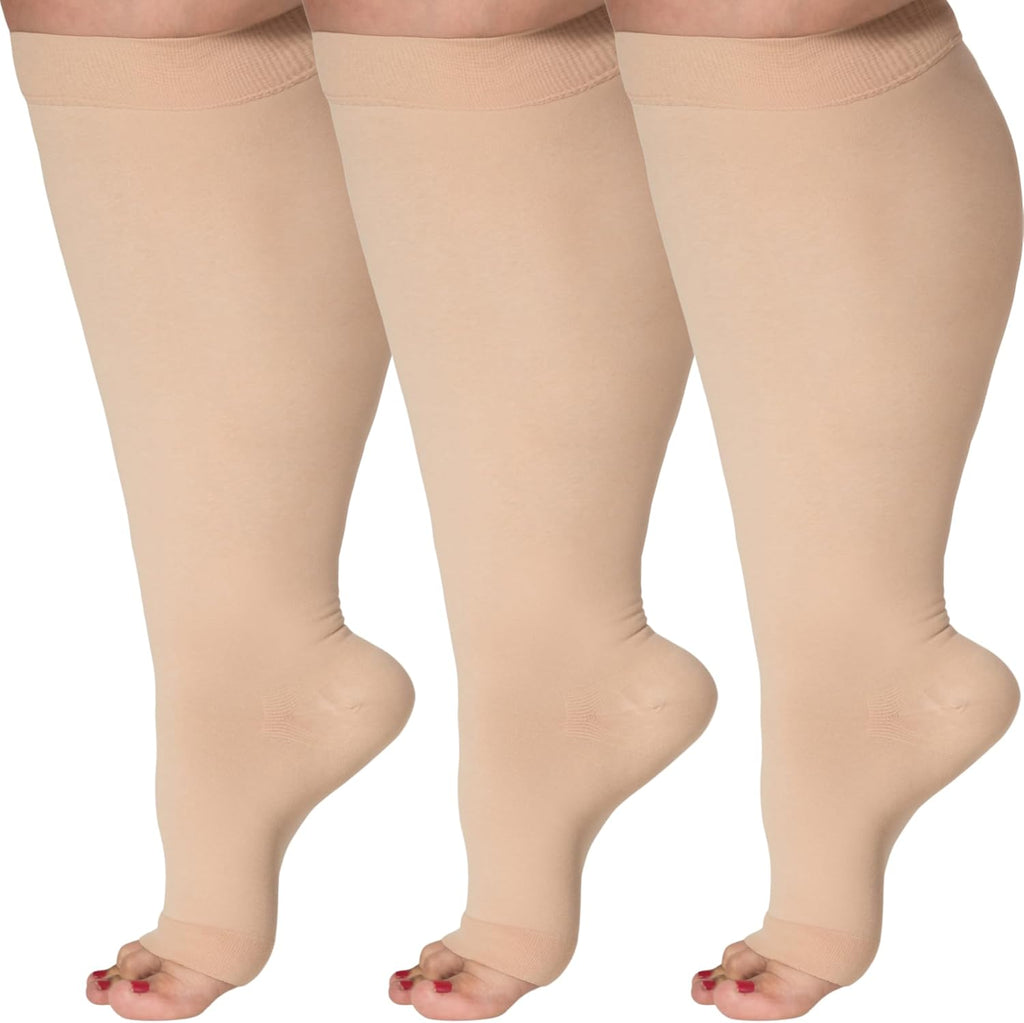 Skiennix Open Toe Compression Socks - Plus Size 15-20mmHg Wide Calf Support - 3 Pairs