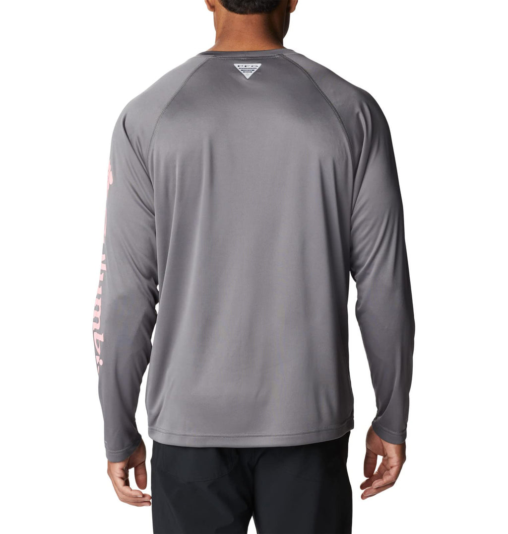Columbia Men's Terminal Tackle Long Sleeve Fishing Shirt, City Grey/Pink Pop Logo, Large