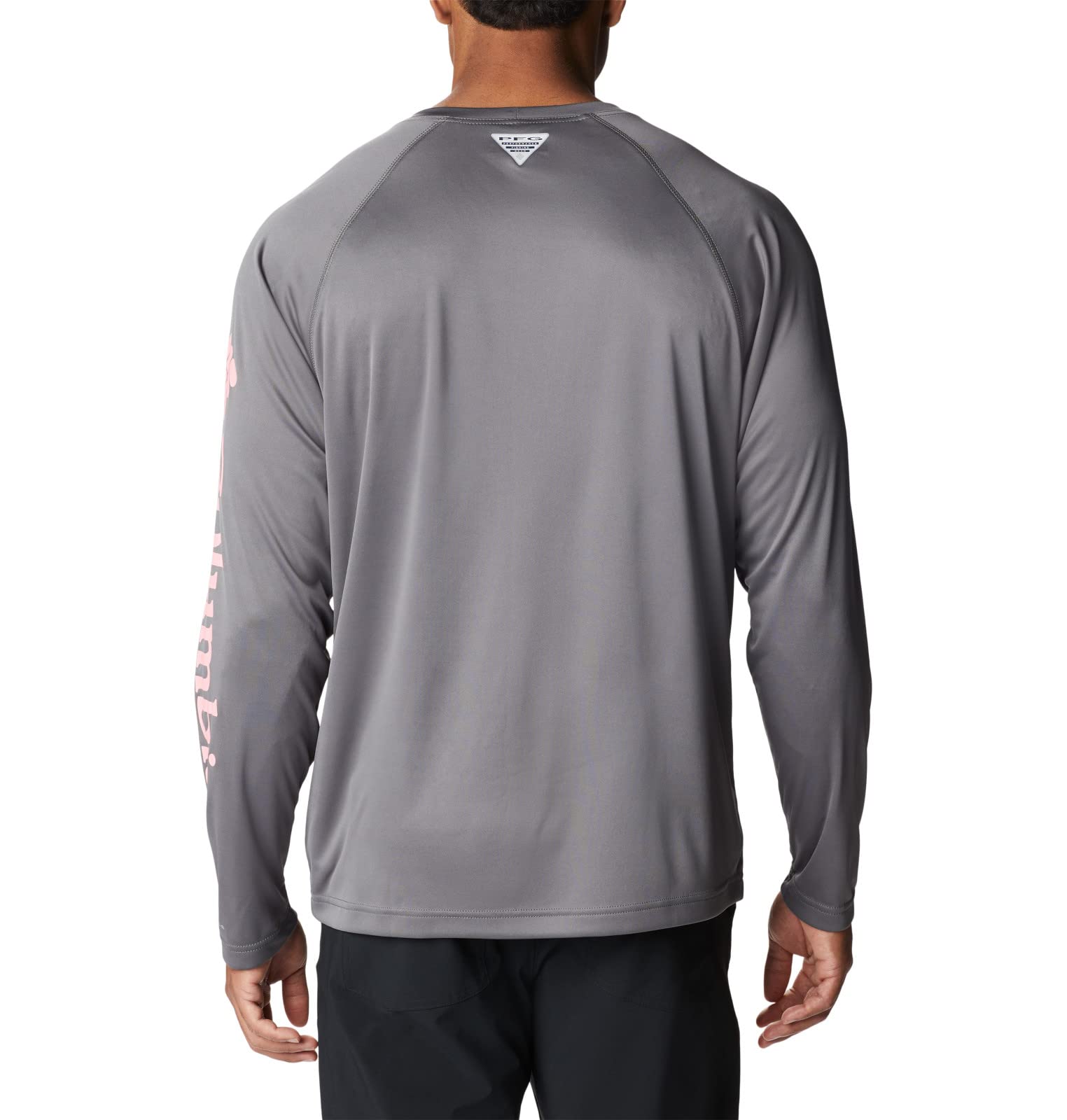 Columbia Men's Terminal Tackle Long Sleeve Fishing Shirt, City Grey/Pink Pop Logo, Large