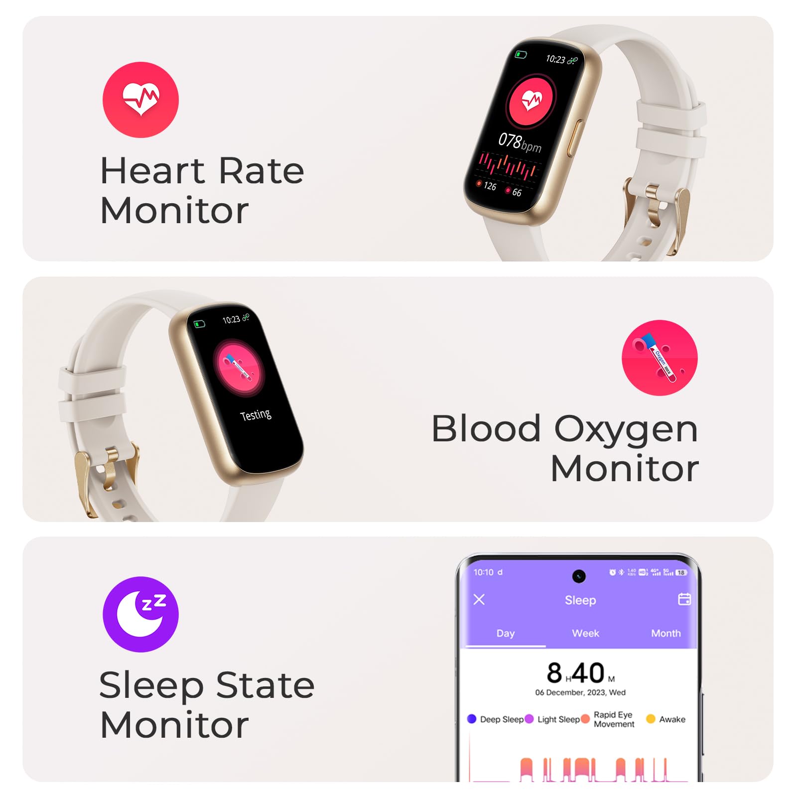 TIFOZEN Fitness Tracker for Women Men, Smart Watch Band with 24/7 Heart Rate Blood Oxygen Sleep Monitor, Calories Step Tracker Pedometer 3ATM Waterproof Activity Tracker (Gold Starlight)