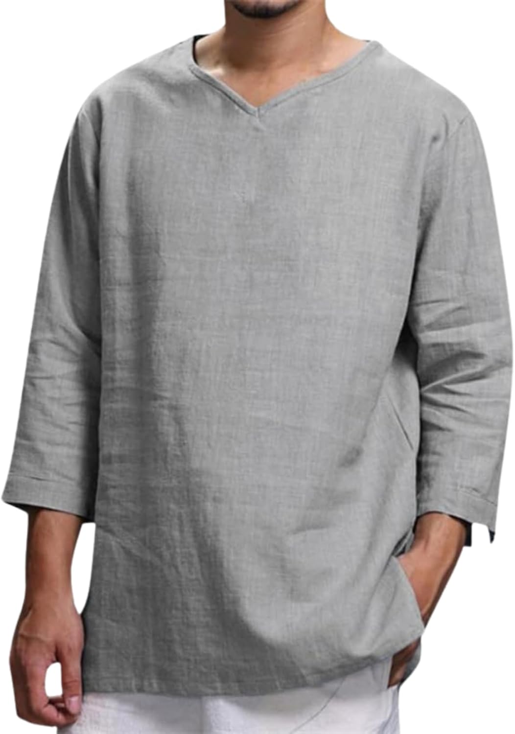 Skiennix Men's Cotton Linen Shirt - Lightweight 3/4 Sleeve V-Neck for Casual Spring & Summer Wear