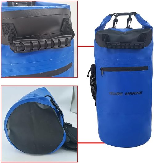 ISURE MARINE Waterproof Dry Bag - 20L with Zippered Pocket | Ideal for Kayaking, Boating & Fishing - Blue