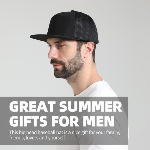 BAOPLAYKIDS Oversize XXL Blank Flatbill Mesh Snapback Cap Black 2XL Flat Bill Hats for Men Big Head 6 Panel