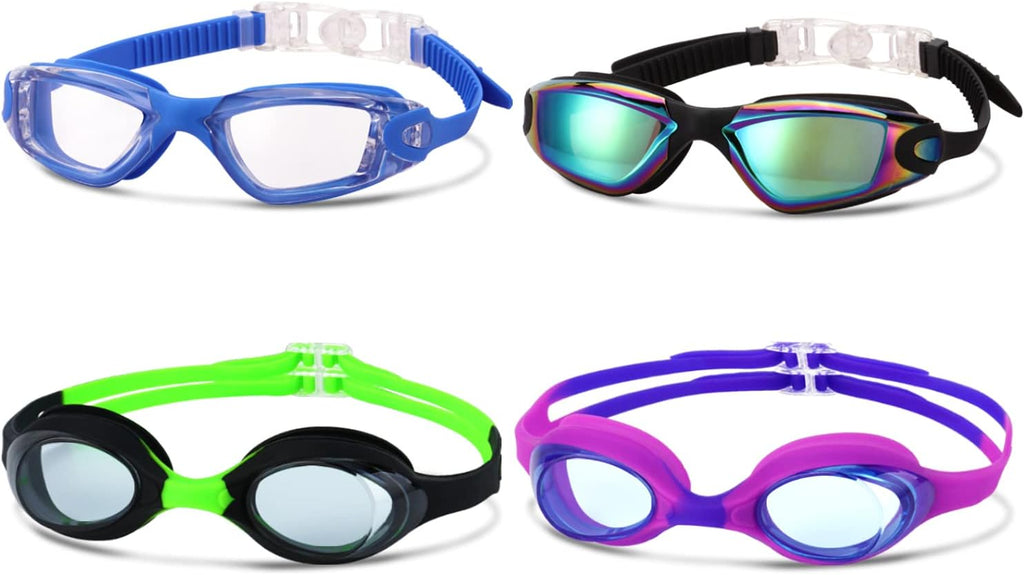 Skiennix Kids Swim Goggles - UV Protection, Anti-Fog, No Leaking | 4 Pack for Ages 6-14