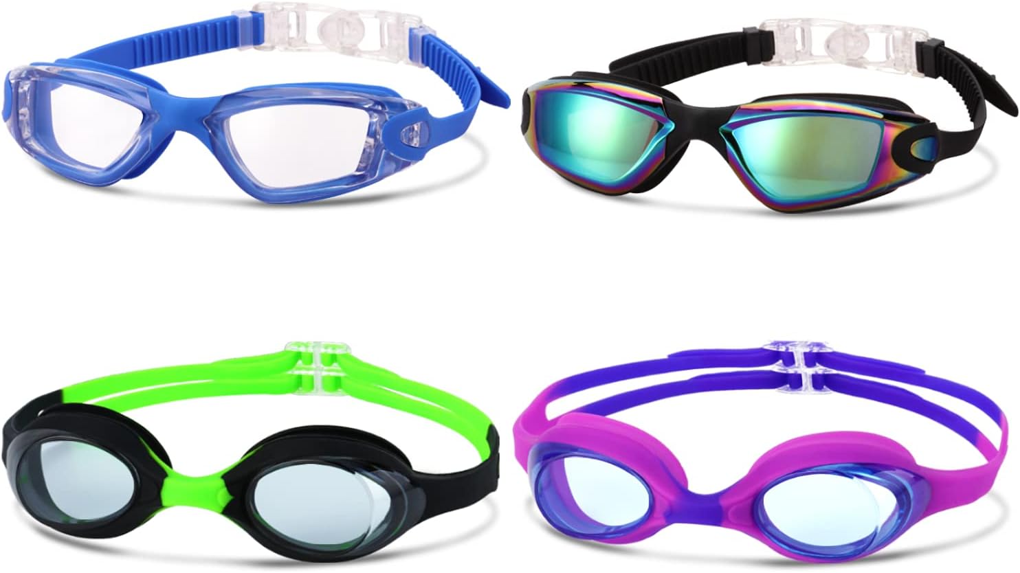 Skiennix Kids Swim Goggles - UV Protection, Anti-Fog, No Leaking | 4 Pack for Ages 6-14